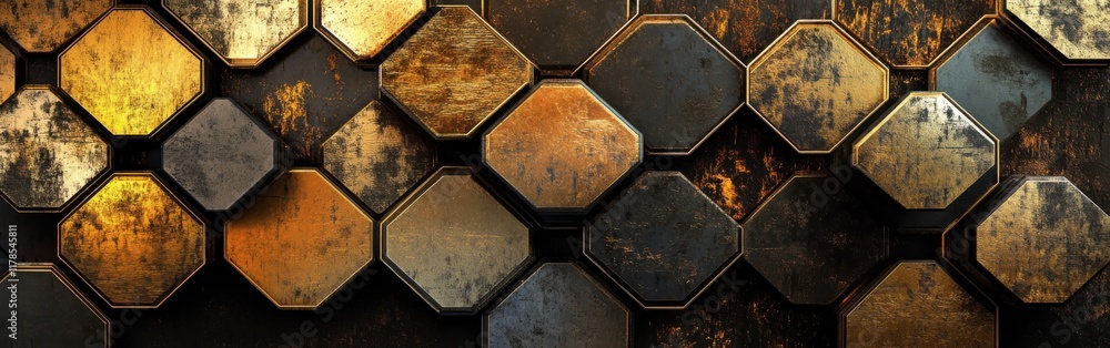 Aufkleber Geometric abstract background with deep gold, bronze, and black tones featuring glowing accents and textured patterns