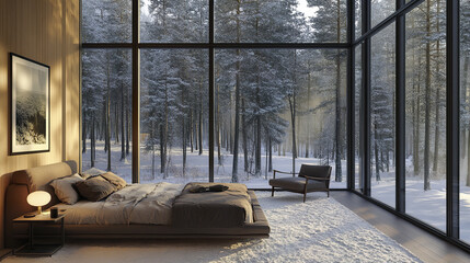 Obraz premium Cozy minimalist bedroom with large windows overlooking snowy forest