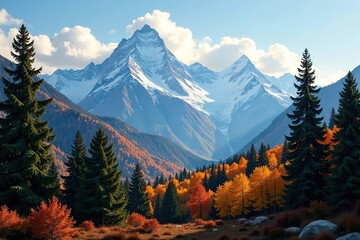 Tall coniferous trees with snow-capped peaks in background, tree, autumn, forest landscape