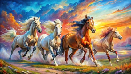 Surreal Oil Painting of Wild Horses Running - Artistic Animal Collection for Home Decor, Wallpaper, and Interior Design