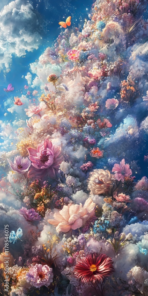 Poster surreal image of colorful flowers and butterflies floating among clouds, creating a whimsical and dr