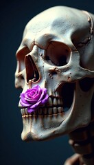 Obraz premium A skull with a whimsical purple rose stuck between its teeth, conveying a sense of playfulness, lighthearted, playful