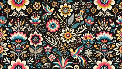 A vibrant and colorful floral pattern with a dark background.