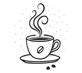 Black and white one line art icon drawing a coffee with white background