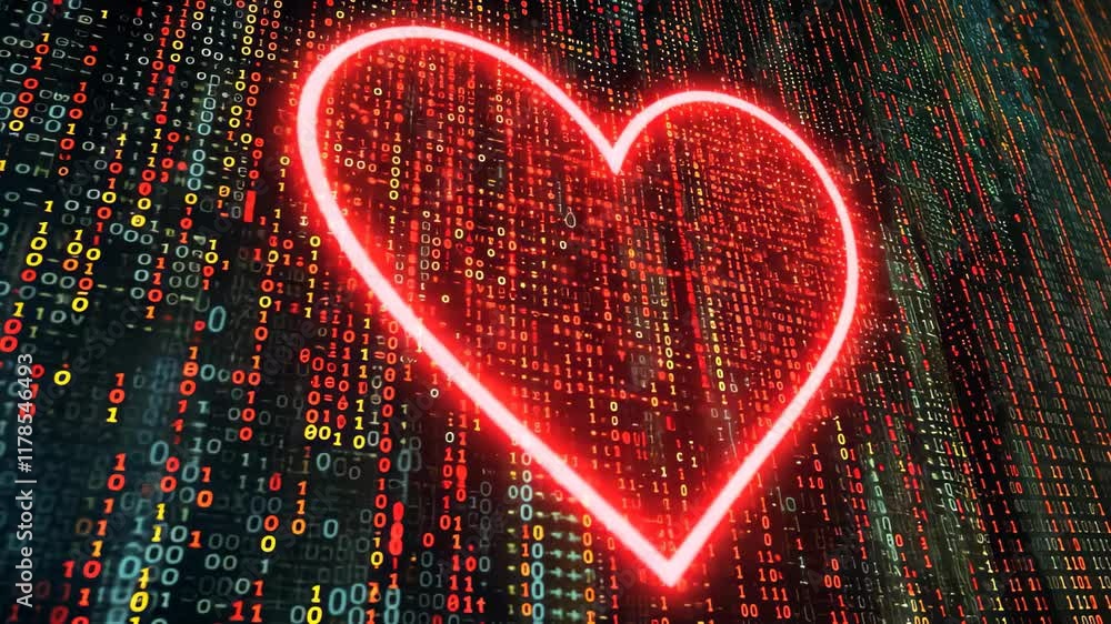 Poster a red heart is shown on a digital background, creating a striking contrast between traditional video