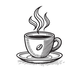 Black and white one line art icon drawing a coffee with white background