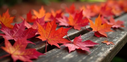 Colorful red maple leaves scattered across a wooden bench, leaves, autumn, maples