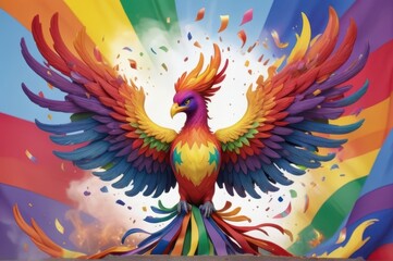 Fototapeta premium A rainbow-colored phoenix rising from ashes, symbolizing resilience and rebirth, with its wings composed of diverse LGBTQ+ flags in a dynamic, swirling pattern.