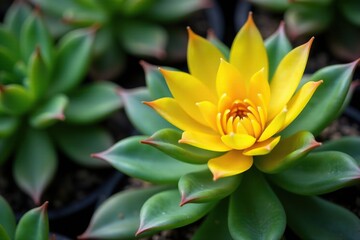 Bright green succulent leaves on a yellow-orange star-shaped flower, succulent flowers, cactus plant