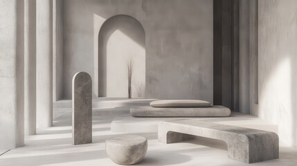 Fototapeta premium Elegant monochromatic interior design showcasing pastel gray overlapping shapes and subtle textures