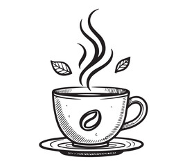 Black and white one line art icon drawing a coffee with white background
