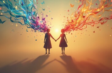 Silhouette of two person holding hands, colorful ribbons and butterflies emerging from shadows, symbolizing freedom, acceptance, and transformation for LGBTQ+ community