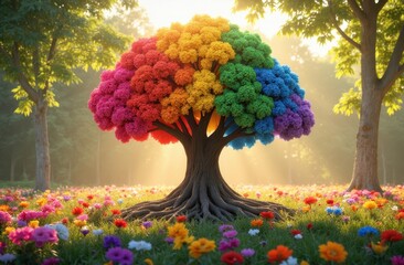 A rainbow-colored tree with intertwined roots, each root representing different gender identities and sexual orientations, symbolizing unity, strength, and diversity within the LGBTQ+ community.