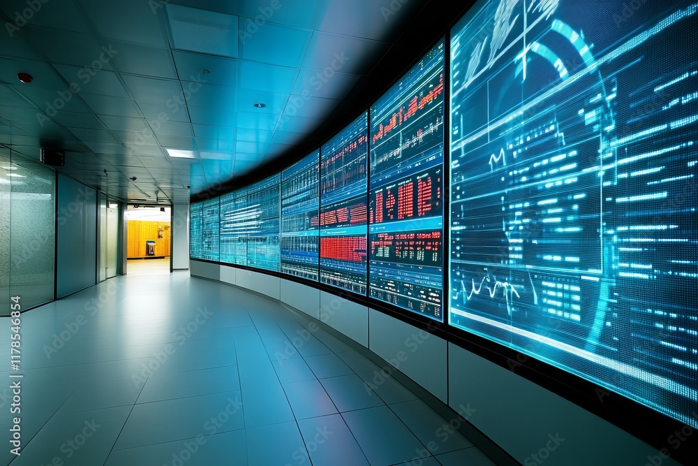 Aufkleber a large room with a long wall of computer monitors. the monitors are displaying a lot of information