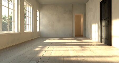 Sunlit Empty Room with Hardwood Floor and tall windows