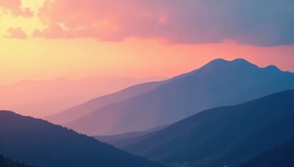 Obraz premium Clouds forming over a misty mountain range at dawn, fog, sunrise, sky
