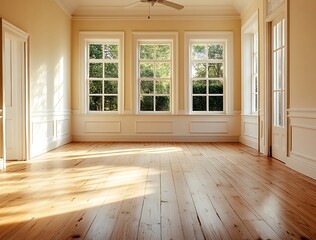 Fototapeta premium Sunlit empty room with hardwood floors