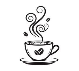 Black and white one line art icon drawing a coffee with white background