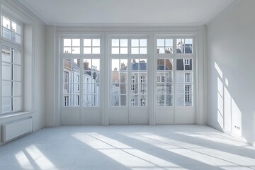 Sunlit Empty Room with Large Windows Overlooking City