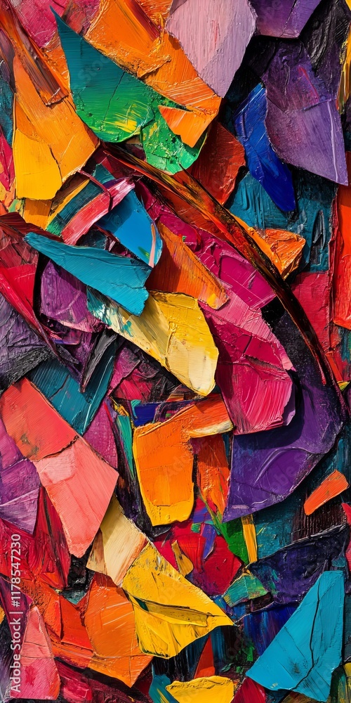 Poster a vivid abstract oil painting showcasing a dynamic array of colorful textured brushstrokes in a capt