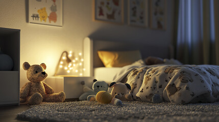 Cozy kids bedroom with soft lighting and adorable animal decor