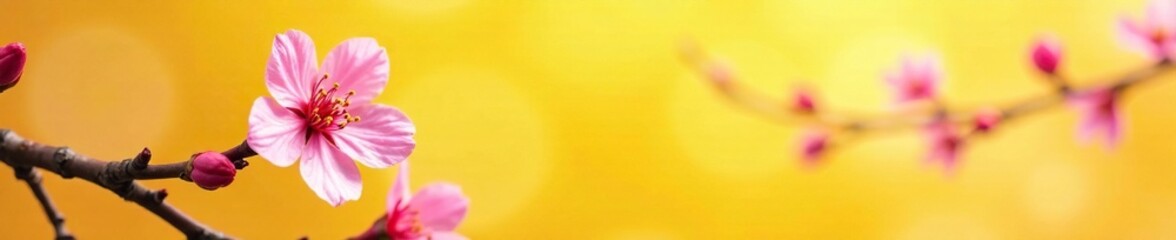 Fototapeta premium Pink cherry blossom against a warm yellow background, yellow, blooming, branches