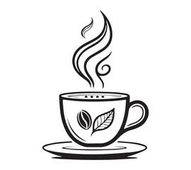 Black and white one line art icon drawing a coffee with white background