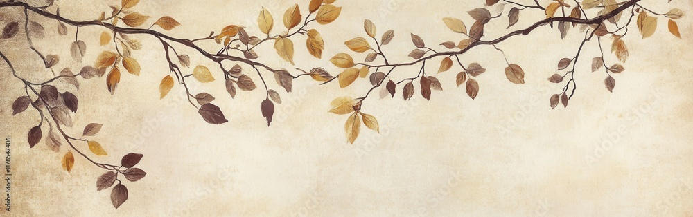 Poster cascading branches adorned with gold and lavender leaves create a vintage elegance over a textured p