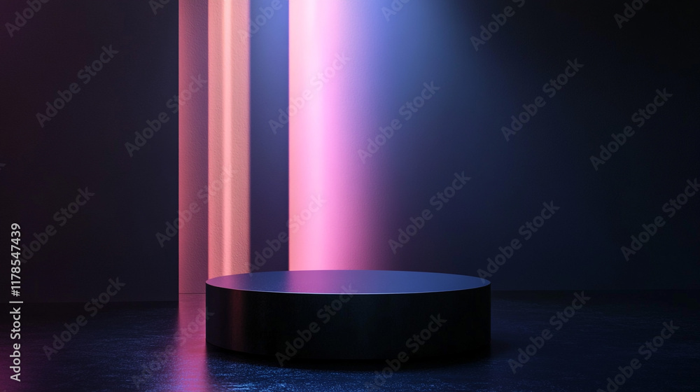Poster abstract glowing neon podium with bright vertical light beams in dark space. abstract glowing neon p