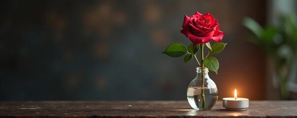 A lone red rose blooms in a glass vase with a single tea light candle beside it, vase, lighting