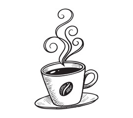 Black and white one line art icon drawing a coffee with white background