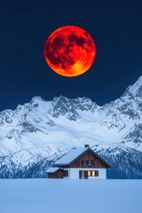 Fototapeta premium Celestial event Lunar eclipse concept. Lunar eclipse with the moon's crimson glow casting subtle light over a snowy mountain range, lunar phenomena, serene and mysterious