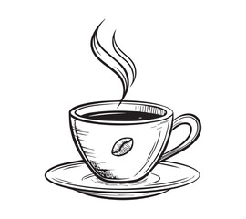Black and white one line art icon drawing a coffee with white background