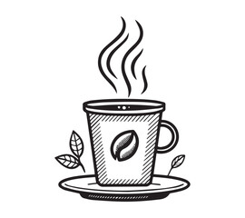 Black and white one line art icon drawing a coffee with white background