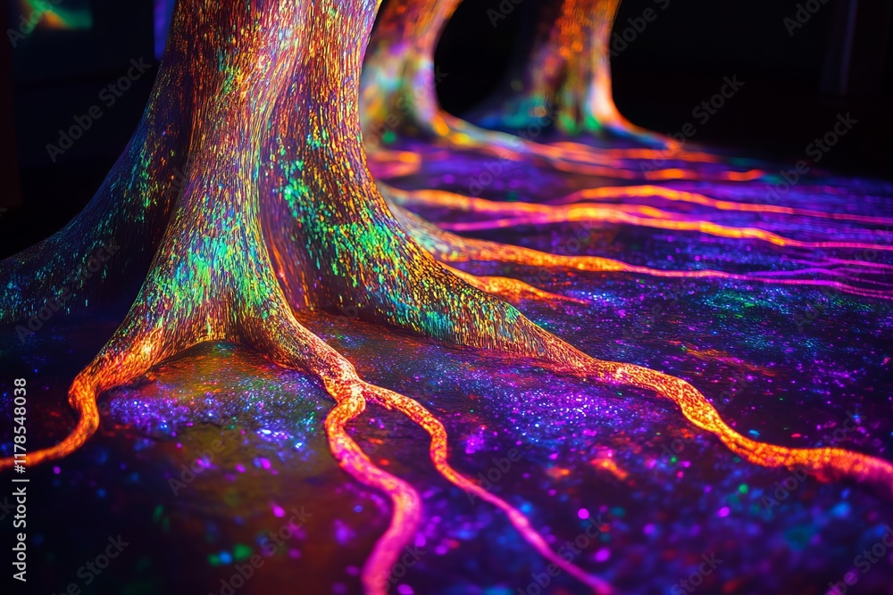 Poster two glowing tree trunks with colorful roots. the vibrant colors and glowing effect create a sense of
