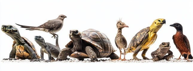Fototapeta premium A Fascinating Array of Wildlife Featuring Birds, Turtles, and Frogs Displayed Against a Clean White Background for Nature and Animal Enthusiasts