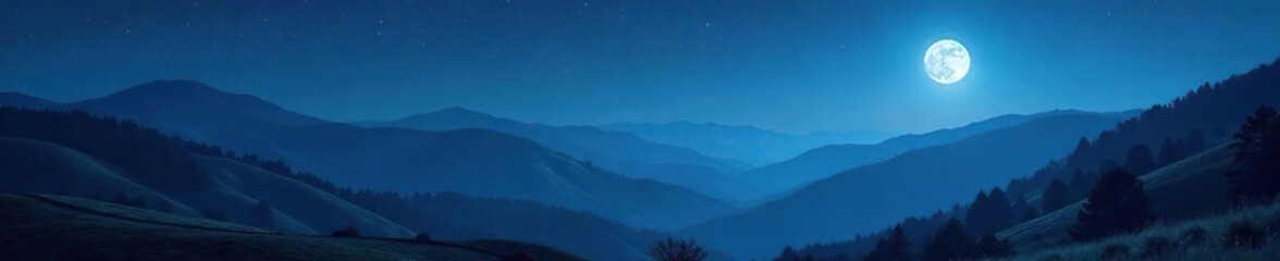 Fototapeta premium Silvery glow of full moon on rolling hills and mountains at night, rolling hills, silvery