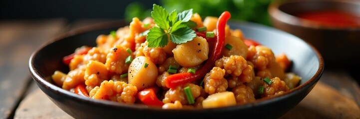Spicy stir fried minced pork served in a shallow bowl, protein_rich, food_platter