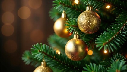 Sparkling gold glitter evergreen branch with intricately designed Christmas tree ornaments, christmas tree, evergreen