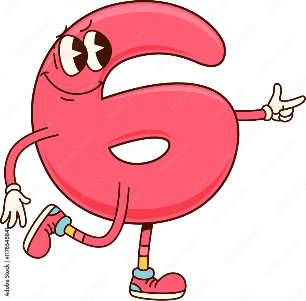 Poster groovy number 6, retro cartoon math character with funny face and happy smile, vector emoji. groovy 