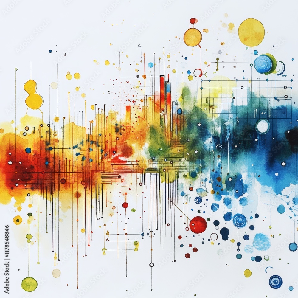 Poster colorful abstract watercolor data visualization with geometric shapes and patterns in blues and warm