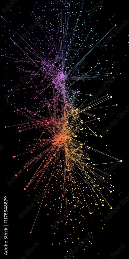Poster vibrant abstract network visualization featuring colorful lines and dots on a black background, repr