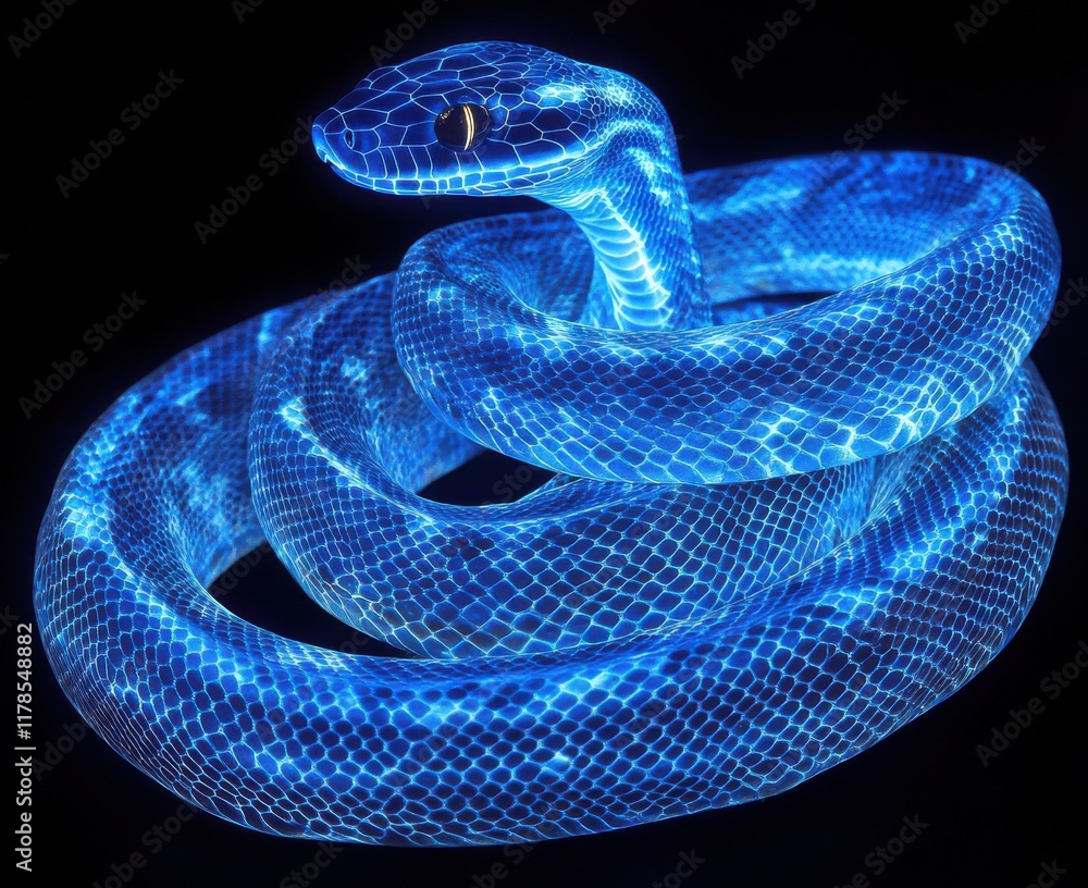 Poster a stunning artistic representation of a blue illuminated snake with intricate light patterns display
