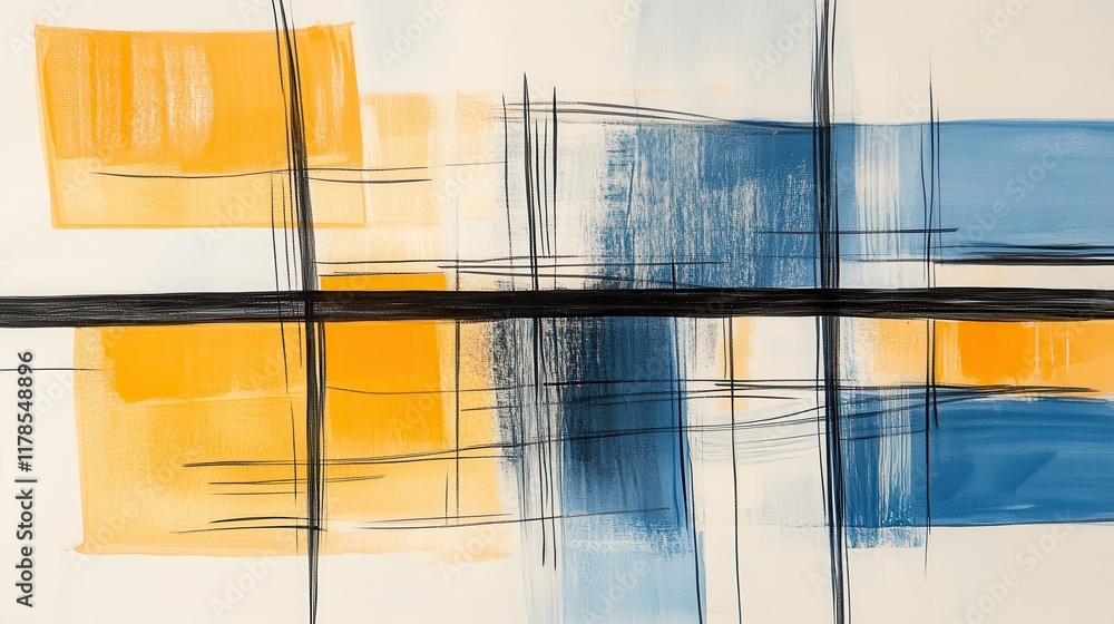 Poster modern composition of muted amber and blue pencil strokes intersected by bold black lines creates a 