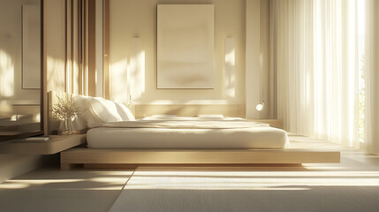 Fototapeta premium Modern bedroom with king sized platform bed and soft lighting