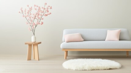 A Scandinavian inspired living room with a light wood floor, a cozy corner featuring a light gray sofa with plush cushions, a sheepskin rug, and minimalist decor.