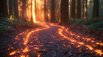 Obraz premium A mystical river winding through a glowing forest of bioluminescent trees. The water sparkles with shifting hues, reflecting the vibrant flora and fauna that thrive along the radiant banks. 