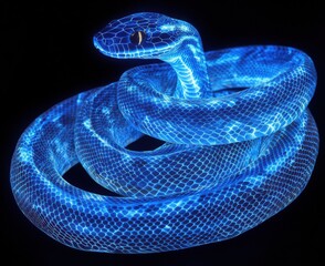 Fototapeta premium A Stunning Artistic Representation of a Blue Illuminated Snake with Intricate Light Patterns Displaying Its Unique Texture Against a Dark Background