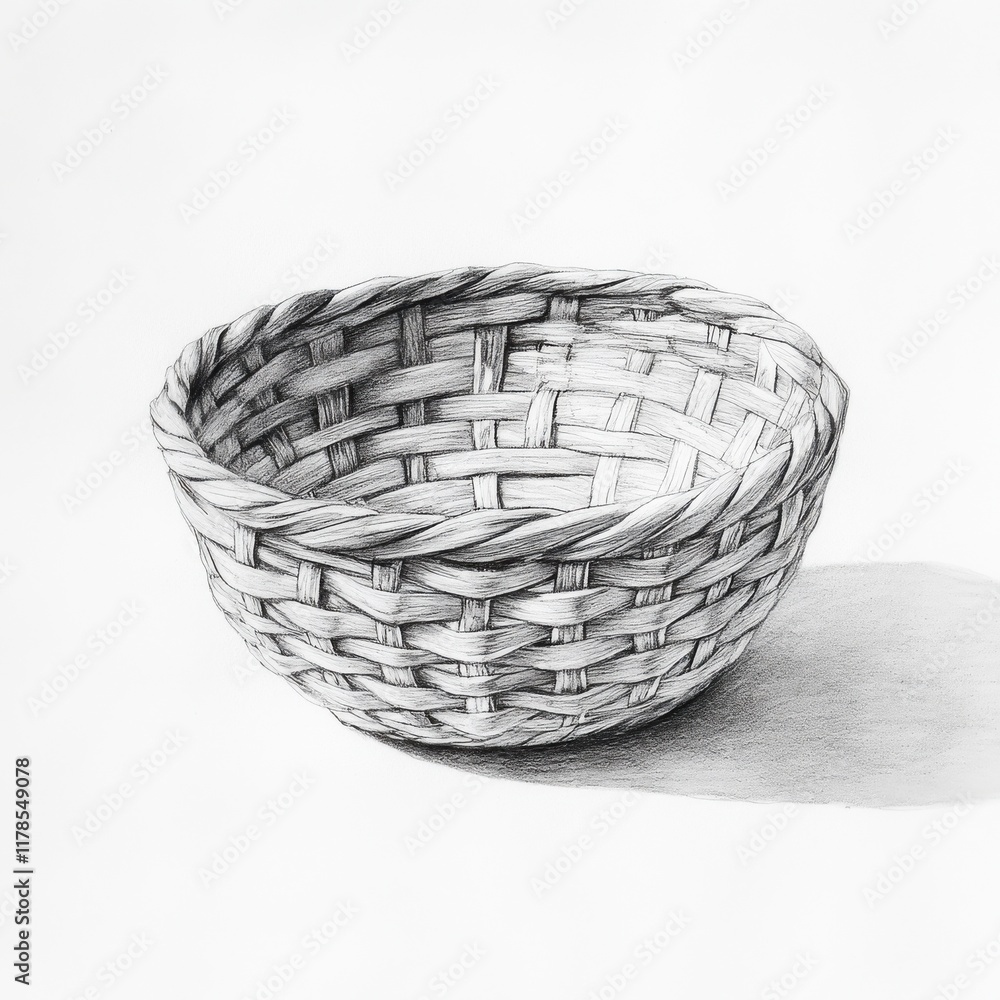 Poster woven basket sketch showcasing intricate texture and craftsmanship on a clean white background durin