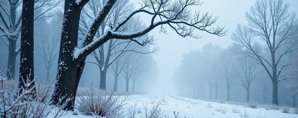 Icy rime-covered tree trunks and branches stretch towards the grey sky in misty forest, cold, tree, branch